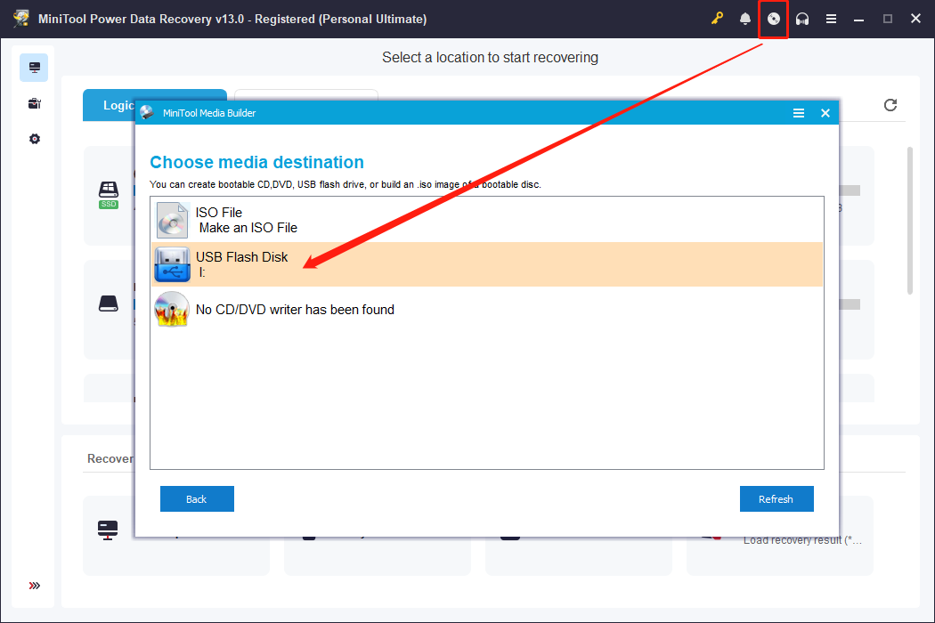 MiniTool Power Data Recovery interface shows the bootable media creation window.