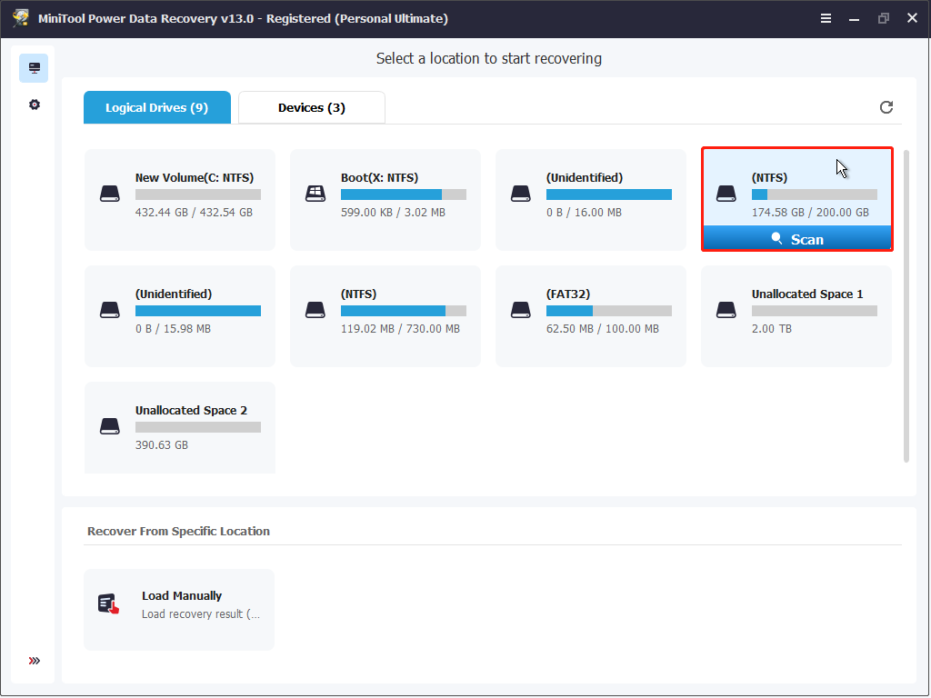 MiniTool Power Data Recovery main interface shows detected disk partitions to scan.