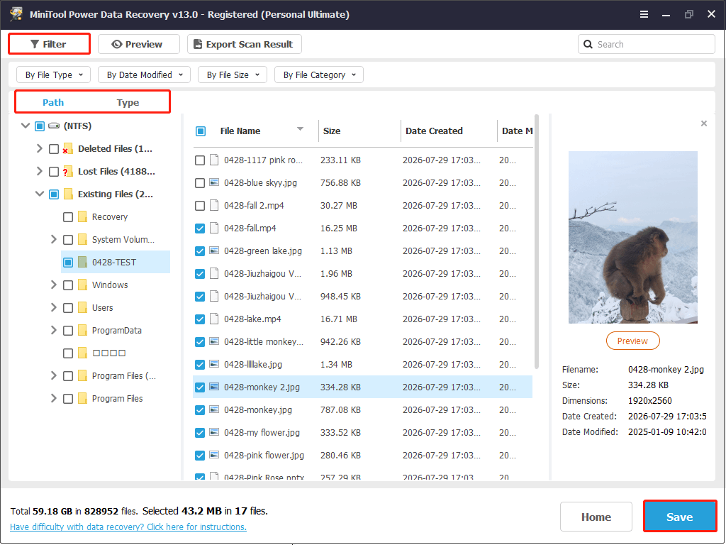 MiniTool Power Data Recovery interface shows the Path, Type, Filter, and Save buttons.