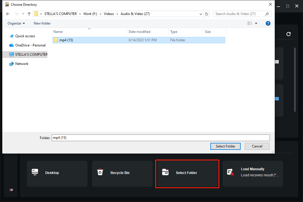 The MiniTool Power Data Recovery interface with the Select Folder feature highlighted and the folder selection dialog open.