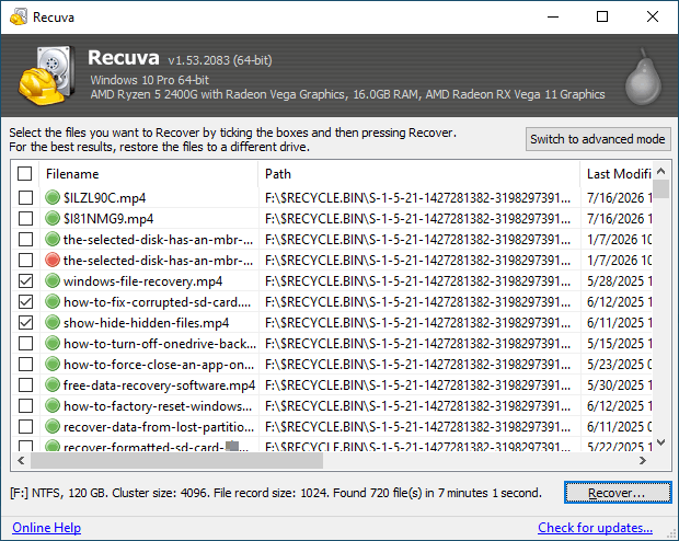 Recuva scan results showing recoverability status for deleted video files.