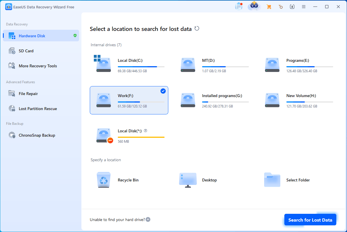 EaseUS Data Recovery Wizard interface with the target drive selected for scanning.