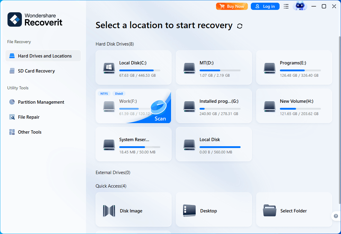 Wondershare Recoverit interface showing the target partition selected for scanning.