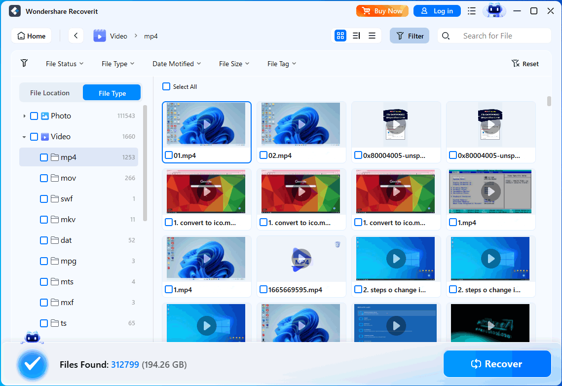 Wondershare Recoverit scan results filtered by file type to show recoverable videos.