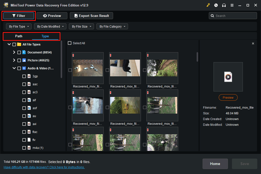 The MiniTool Power Data Recovery scan results window highlighting the Type and Filter features for locating recoverable video files.