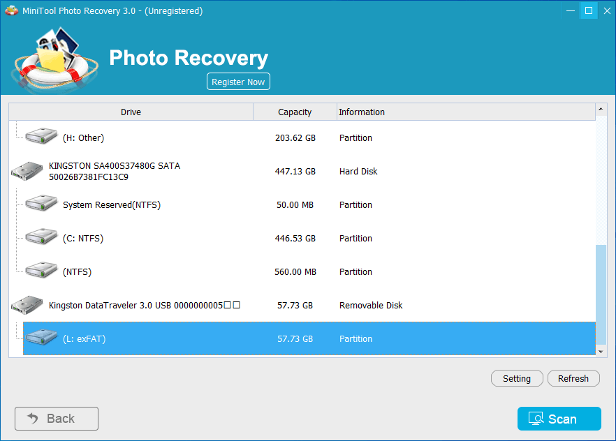 The MiniTool Photo Recovery interface with the target SD card selected for scanning.