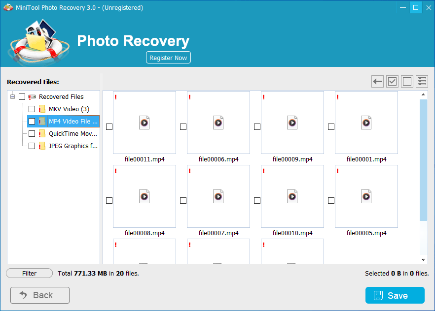 The MiniTool Photo Recovery scan results window showing recoverable videos and the Save button.