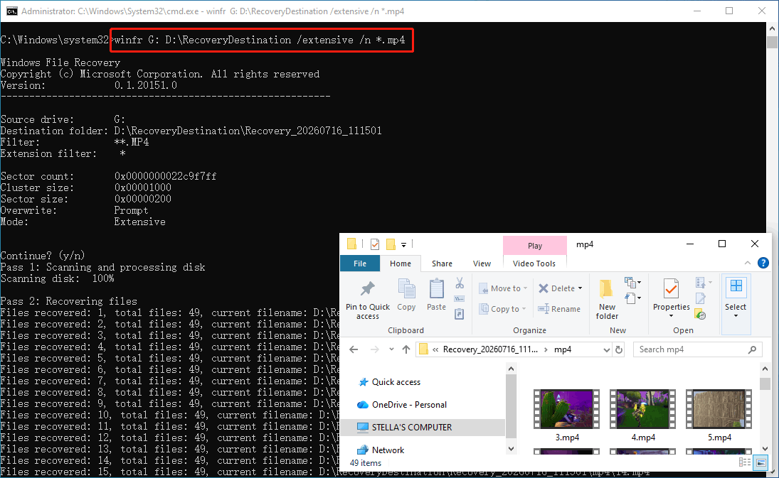Windows File Recovery recovering deleted MP4 videos through Command Prompt.