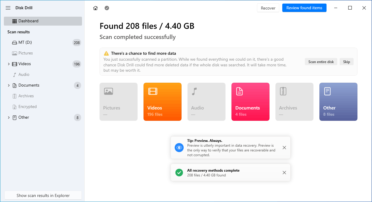 Disk Drill scan results showing the Videos category for locating recoverable video files.