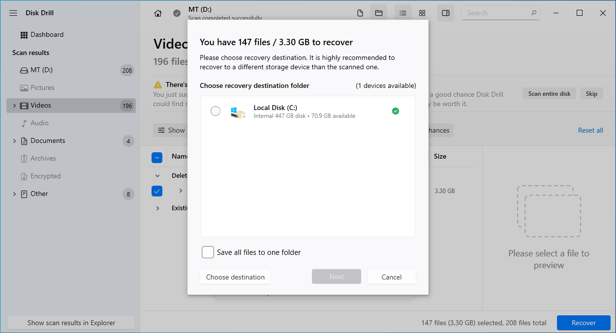 Disk Drill recovery window for selecting a location to save recovered videos.