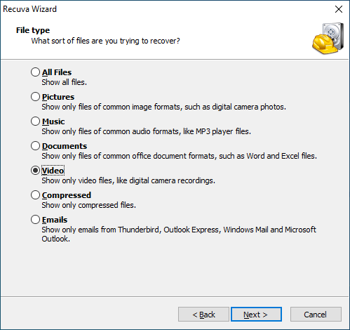Recuva recovery wizard showing the Video file type option before scanning.
