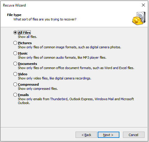 Recuva interface shows how to select the file types to scan.