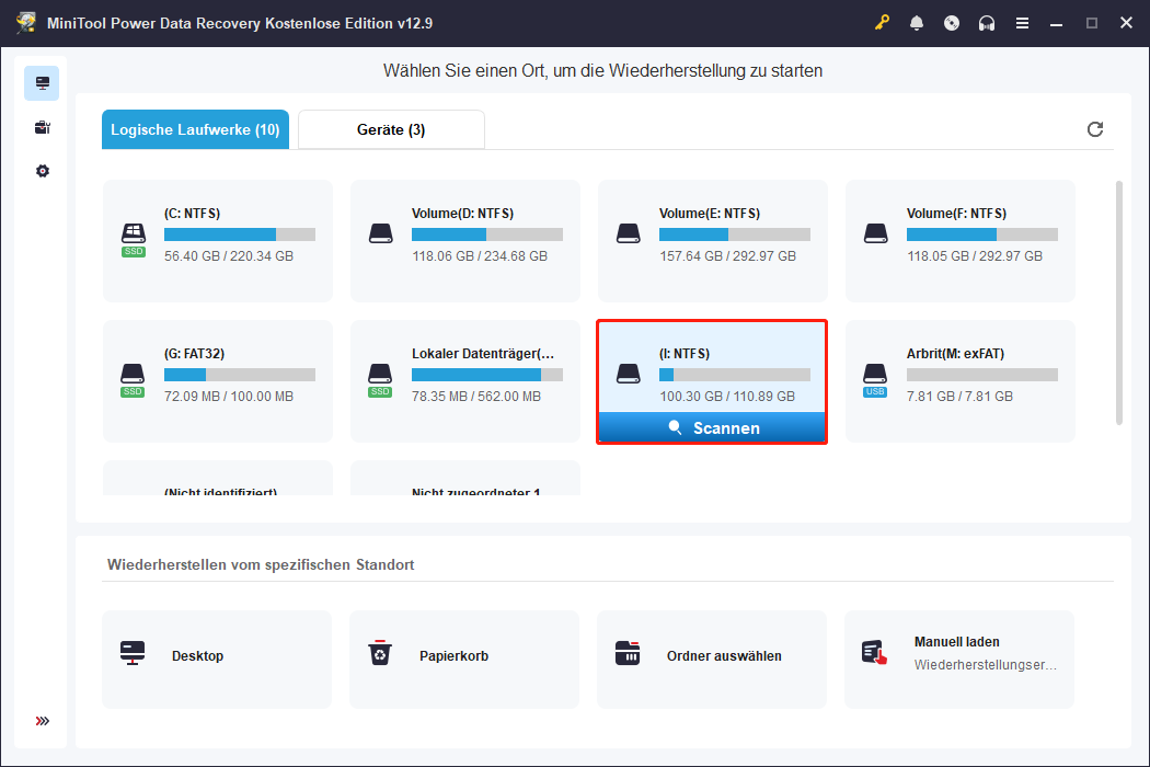 MiniTool Power Data Recovery Hauptoberfläche mit einer hervorgehobenen Partition und der Schaltfläche Scannen.