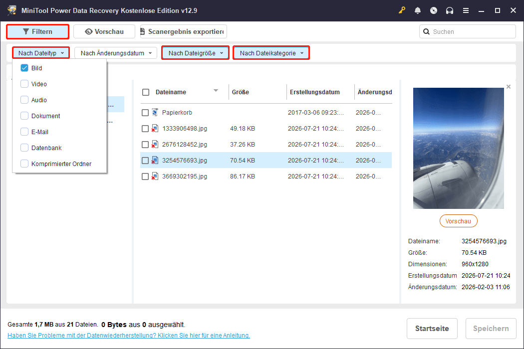 MiniTool Power Data Recovery Scan-Ergebnisoberfläche mit gefilterten Bildern.