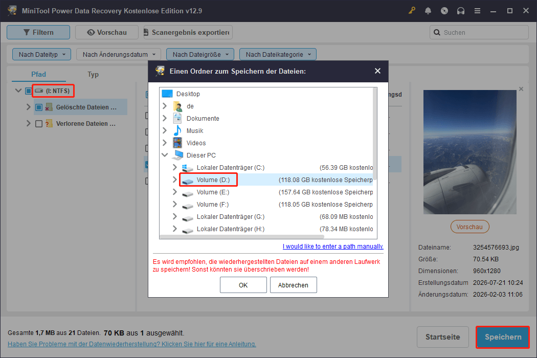 MiniTool Power Data Recovery Dateispeicheroberfläche mit verfügbaren Speicherpfaden für wiederhergestellte Dateien.