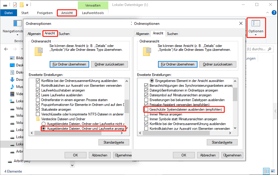 Datei-Explorer-Ordneroptionen mit den Einstellungen zum Anzeigen von Systemdateien.