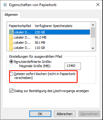 Fenster mit den Eigenschaften des Papierkorbs und deaktivierter Option zum Nichtverschieben von Dateien in den Papierkorb.