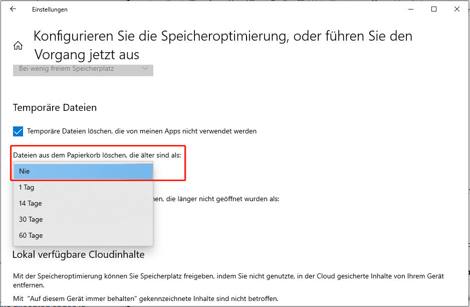 Einstellungen der Speicheroptimierung mit der Option zum Verhindern des automatischen Leerens des Papierkorbs.
