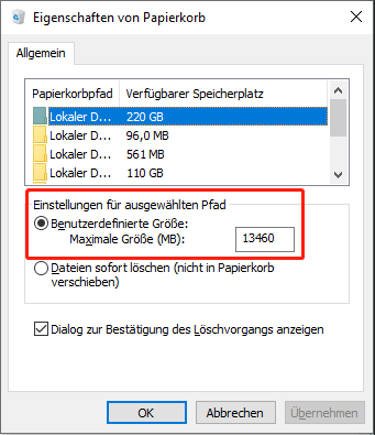 Fenster mit den Eigenschaften des Papierkorbs und der Einstellung der maximalen Größe.