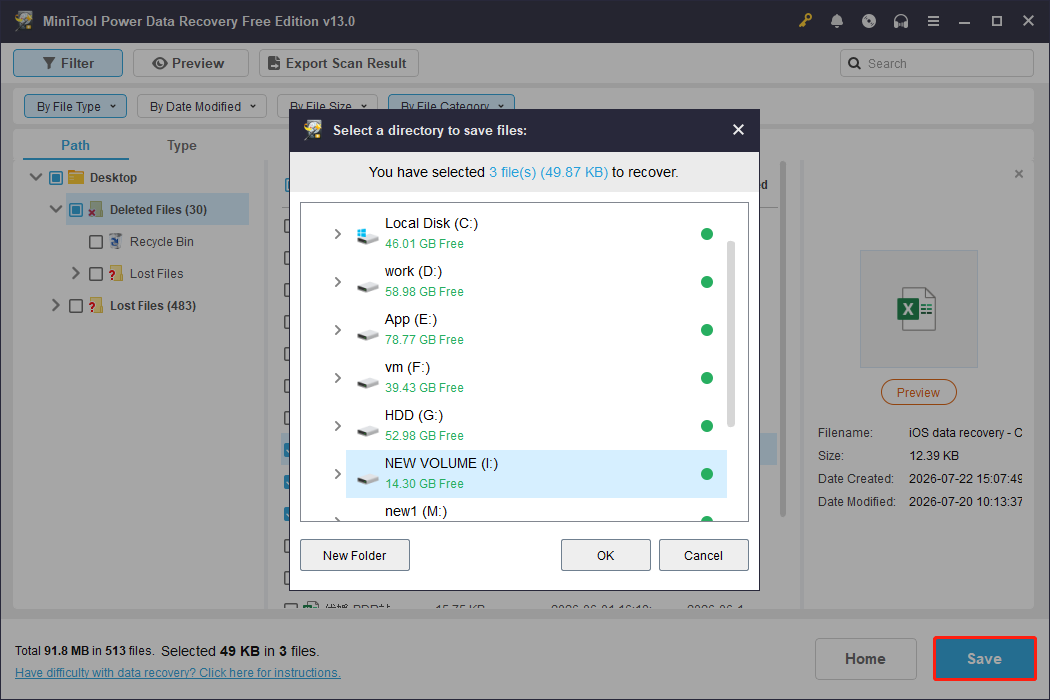 MiniTool Power Data Recovery interface shows the Save button and storage paths.
