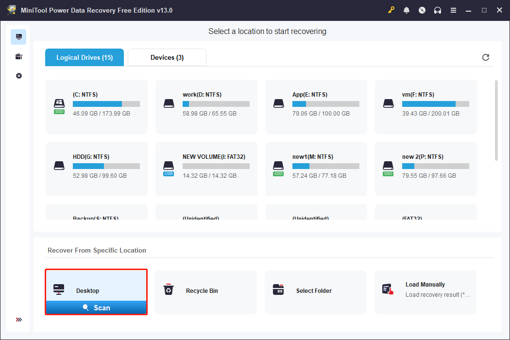 MiniTool Power Data Recovery main interface shows the Desktop and other locations ready to be scanned. 