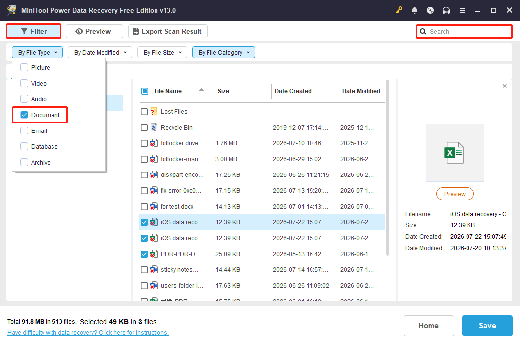 MiniTool Power Data Recovery scan results interface shows the Filter and Search features.