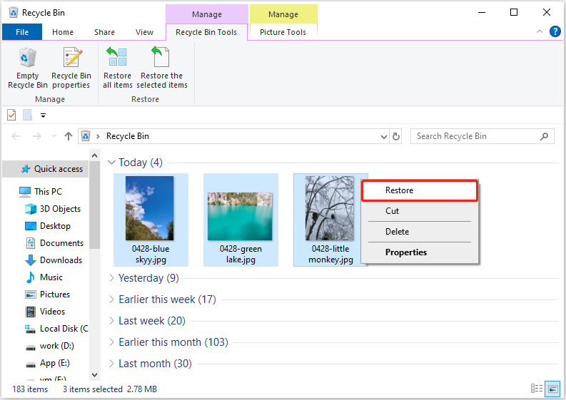 Recycle Bin interface shows JPG photos ready to be restored.