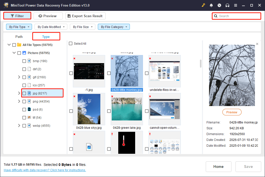 MiniTool Power Data Recovery interface shows JPG photos and the Filter and Search features.