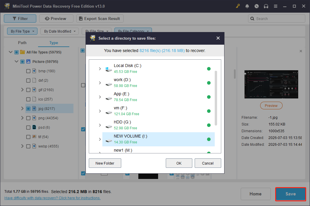 MiniTool Power Data Recovery interface shows the Save button and storage paths.