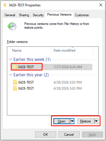 Folder properties window shows previous versions and the Open and Restore buttons.