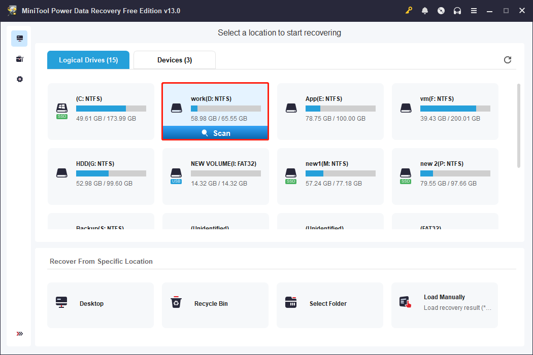 MiniTool Power Data Recovery main interface shows the available partitions and locations.