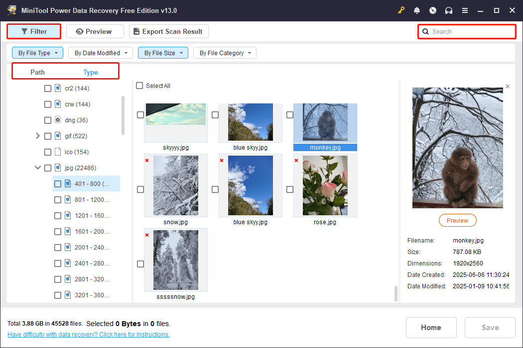 MiniTool Power Data Recovery interface shows scan results and Filter and Search features.