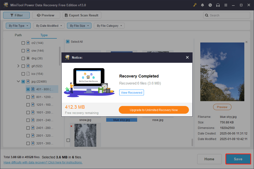 MiniTool Power Data Recovery interface shows the Save button and the Recovery Completed box.