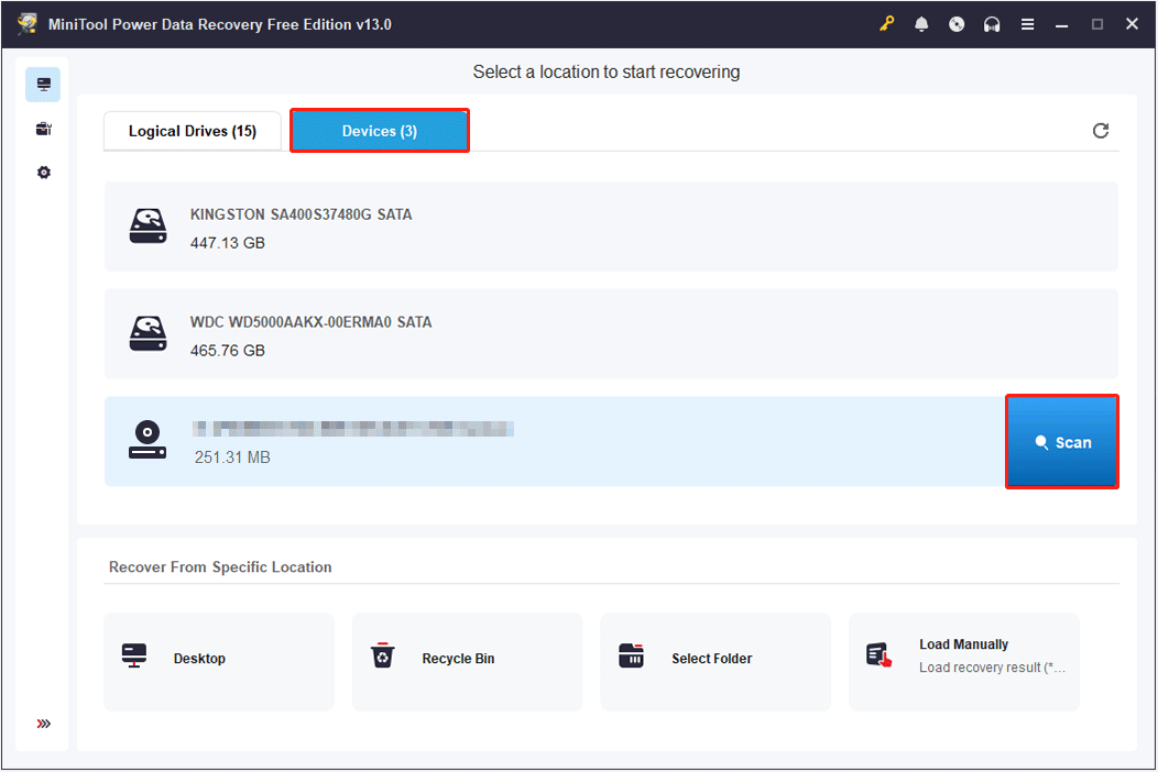 The Devices tab in MiniTool Power Data Recovery shows detected storage devices ready to be scanned.