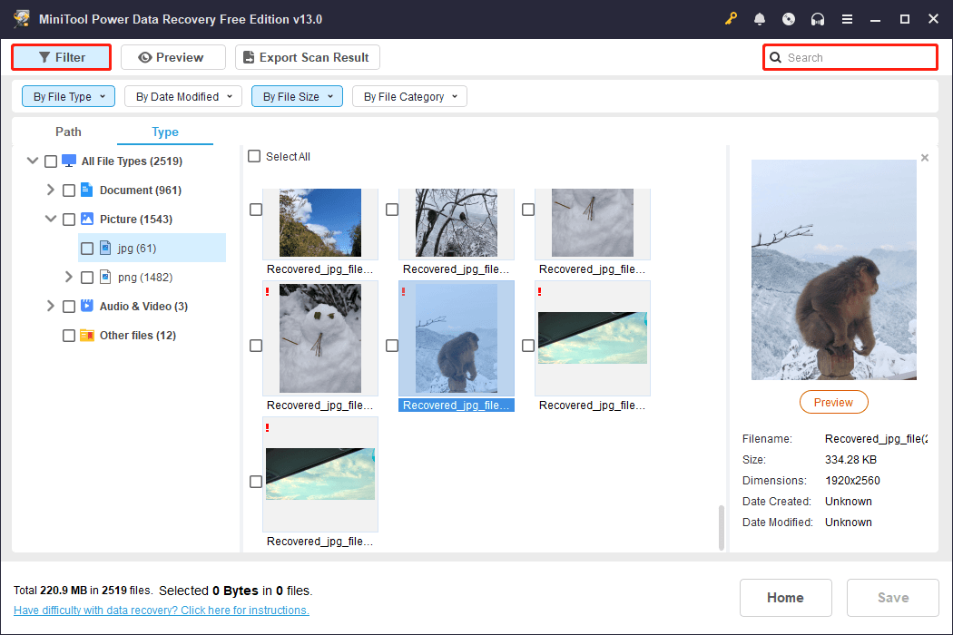 The scan results interface in MiniTool Power Data Recovery shows the Filter and Search features.