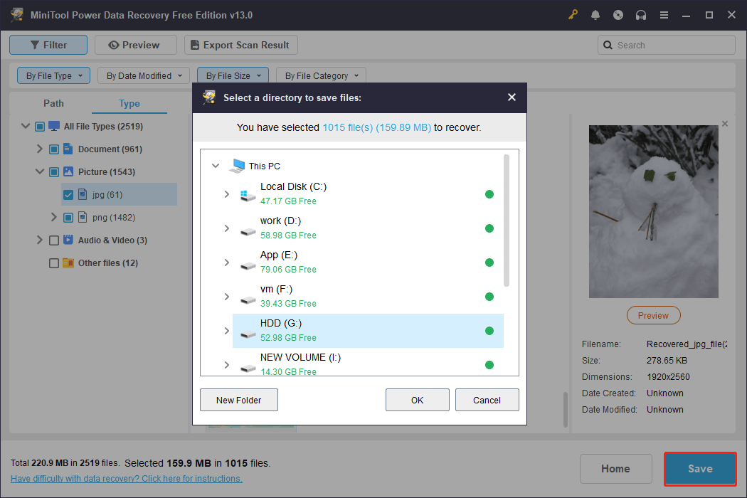 The file saving interface in MiniTool Power Data Recovery shows available storage paths.