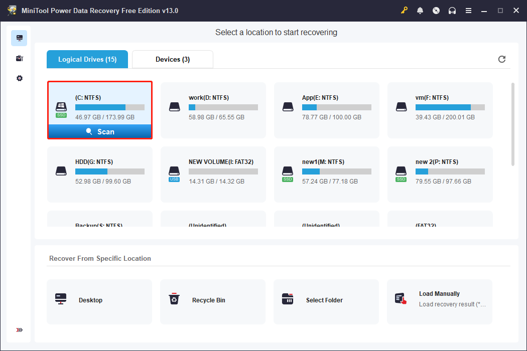 MiniTool Power Data Recovery main interface shows the C drive ready to be scanned. 