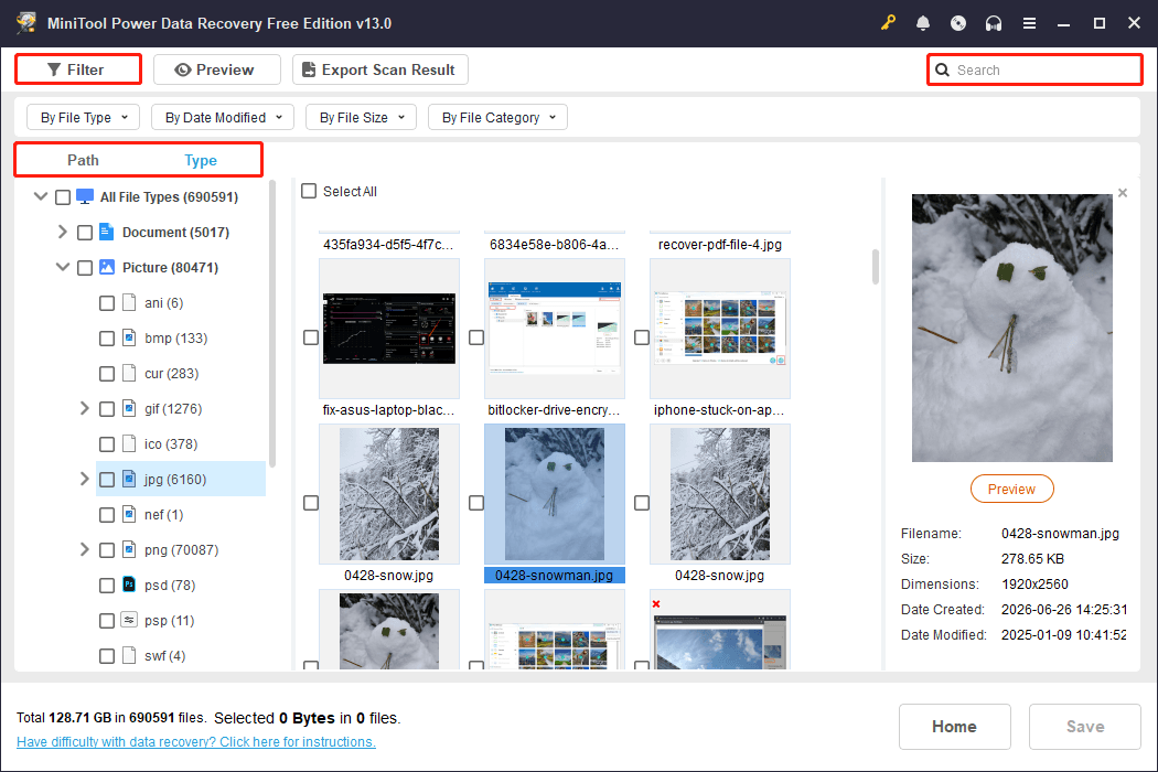 MiniTool Power Data Recovery scan results interface shows the Path, Type, Filter, and Search features.