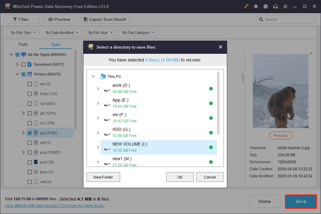 MiniTool Power Data Recovery file saving window shows the available storage devices. 