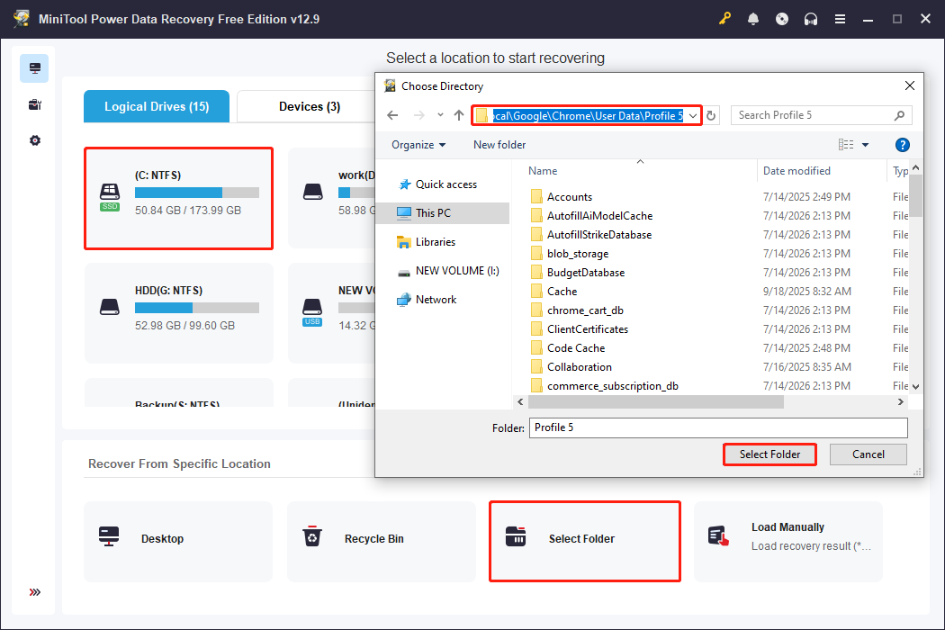 MiniTool Power Data Recovery main interface shows the options to scan the C drive or a specific folder.