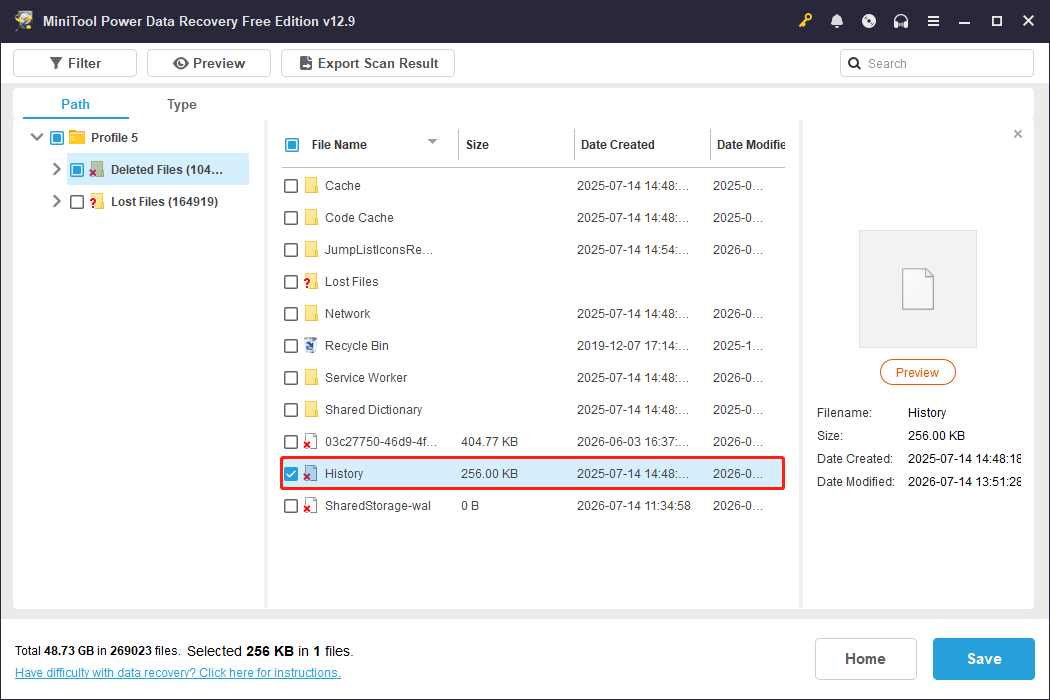 MiniTool Power Data Recovery scan results interface shows the found History file.