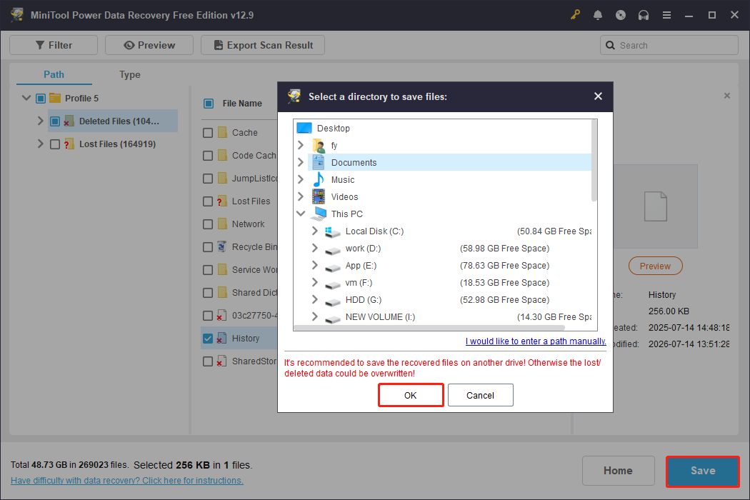 MiniTool Power Data Recovery file saving interface shows available storage paths.