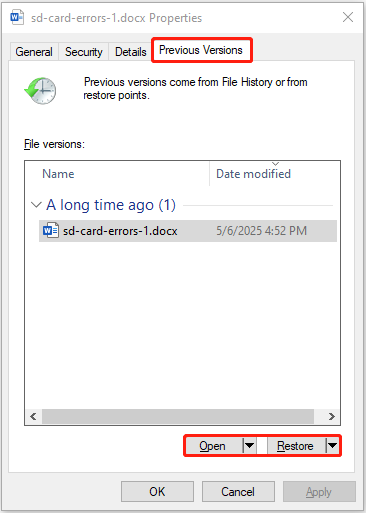 File properties window shows previous versions and the options to open and restore them.