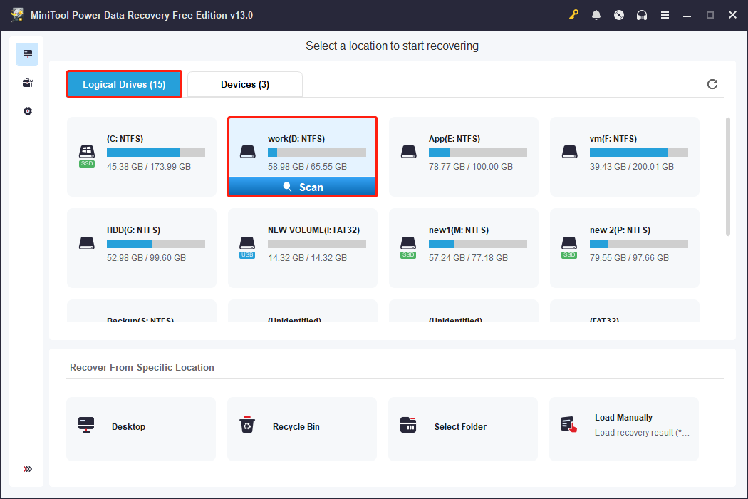 MiniTool Power Data Recovery main interface shows the detected logical drives.