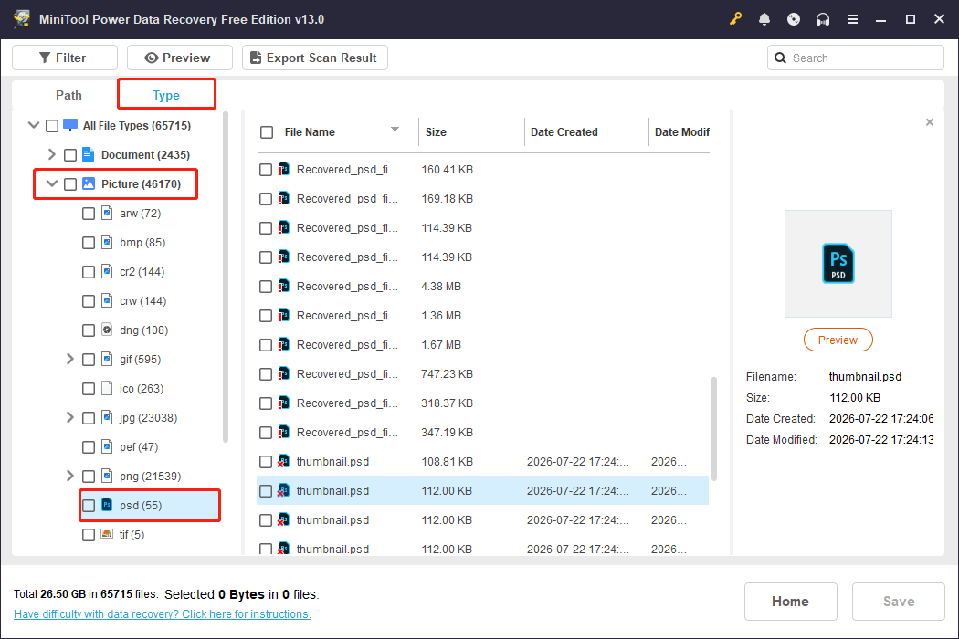 MiniTool Power Data Recovery interface shows the PSD files under the Type tab.