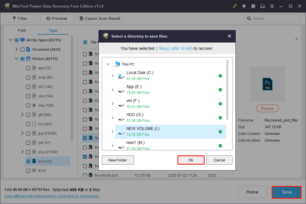 MiniTool Power Data Recovery interface shows available storage paths.