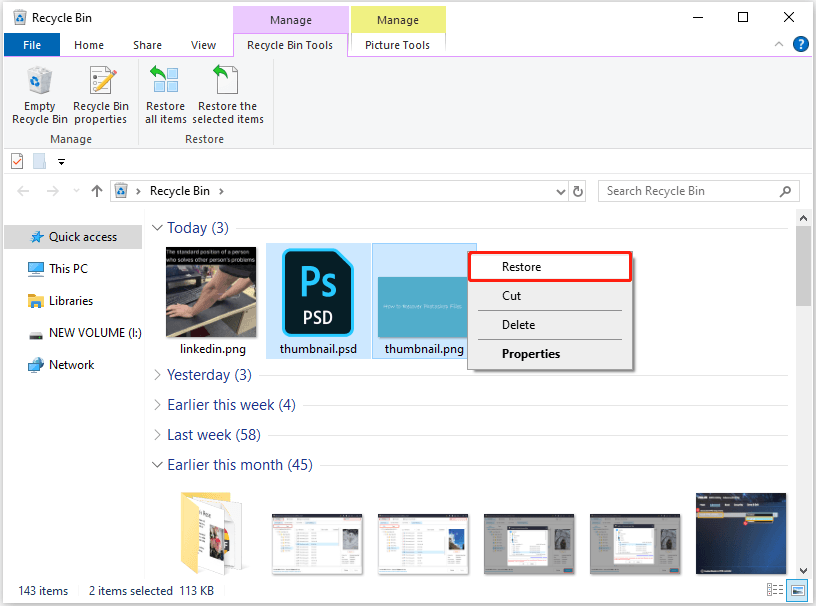 Recycle Bin interface shows the Restore button to restore Photoshop files.