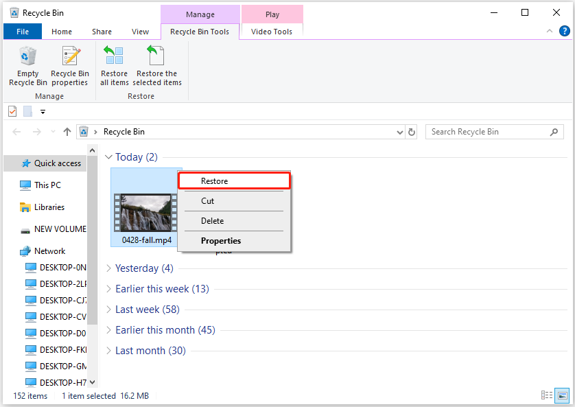 Recycle Bin interface shows the Restore button to recover the MP4 video. 