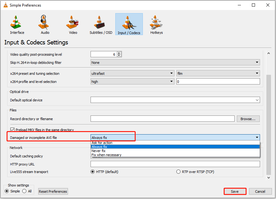 The Preferences interface in VLC Media Player shows the Always fix option to repair damaged or incomplete AVI files. 
