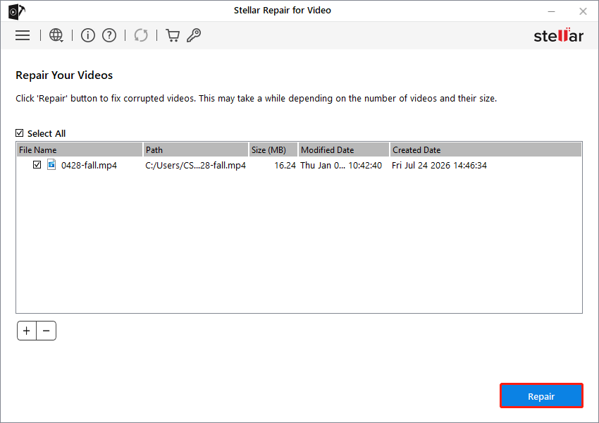 Stellar Repair for Video interface shows the Repair button. 
